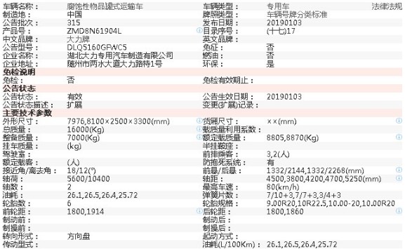 解放龍V單橋DLQ5160GFWC5型腐蝕性物品罐式運(yùn)輸車(chē)整車(chē)參數(shù) 解放龍V單橋DLQ5160GFWC5型腐蝕性物品罐式運(yùn)輸車(chē)整車(chē)參數(shù)